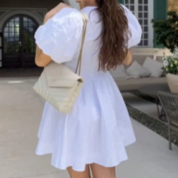 White Cute Women's Solid Short Sleeve Bow Decor Short Casual Sundress - Picture 3 of 3